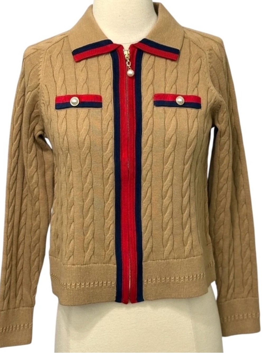 Talbots Camel Cable-Knit Zip Cardigan with Red & Navy Trim